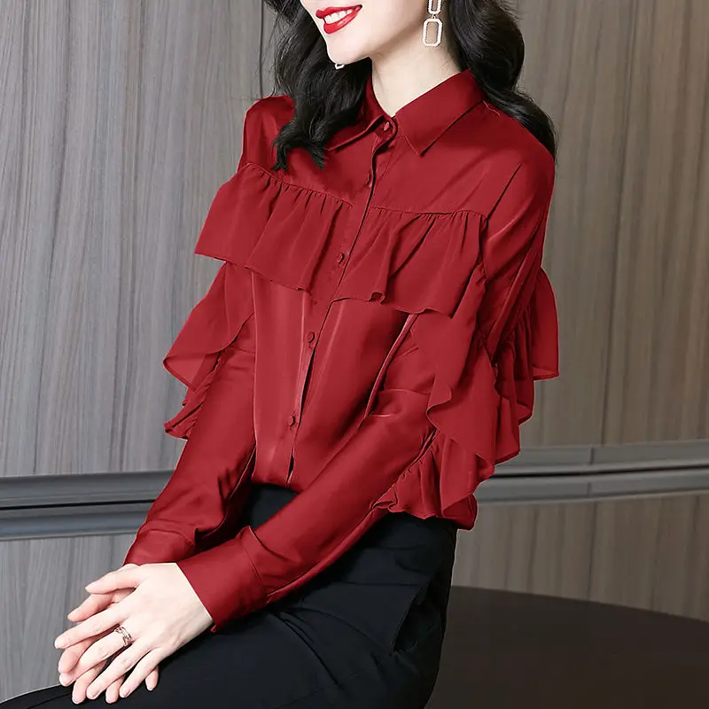 Office Lady Stylish Ruffles Patchwork Shirt Spring Autumn Long Sleeve Women\'s Clothing Single-breasted Loose Polo-Neck Blouse