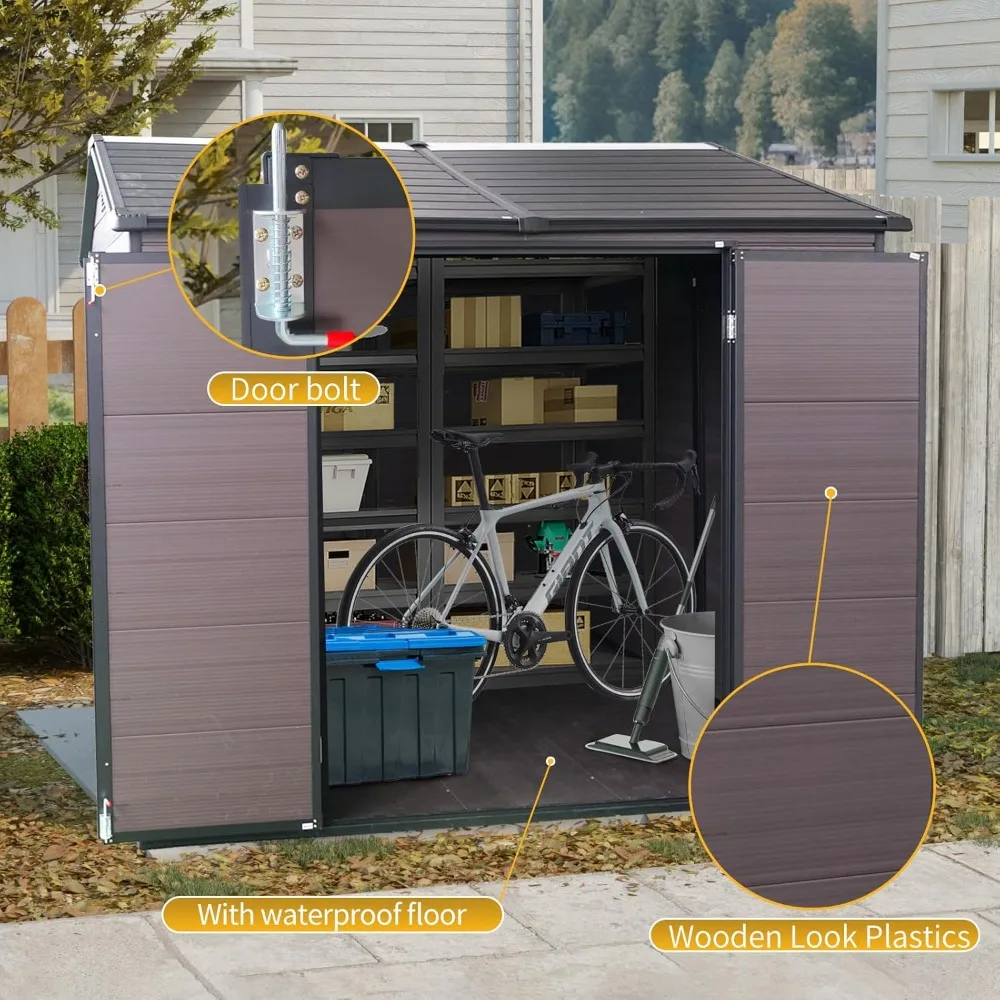 8x6 ft Outdoor Resin Storage Shed with Floor, Waterproof Plastic Garden Shed with Lockable Door and Two Windows, All-Weather