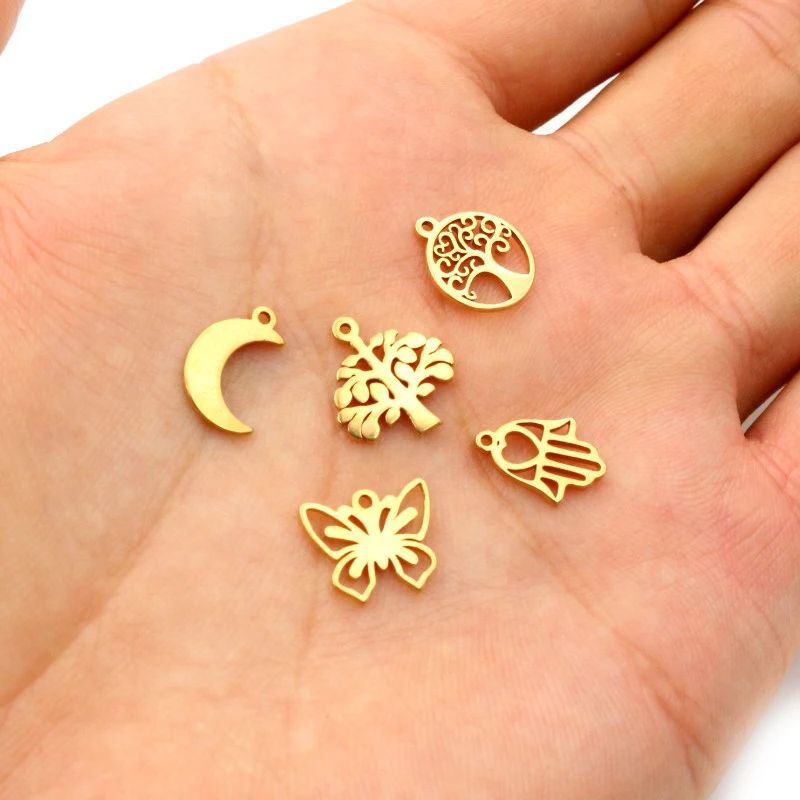 10pcs/lot  316 Stainless Steel Gold Plated Tree Moon Butterfly Small Charms Pendant For Necklace DIY Jewelry Making