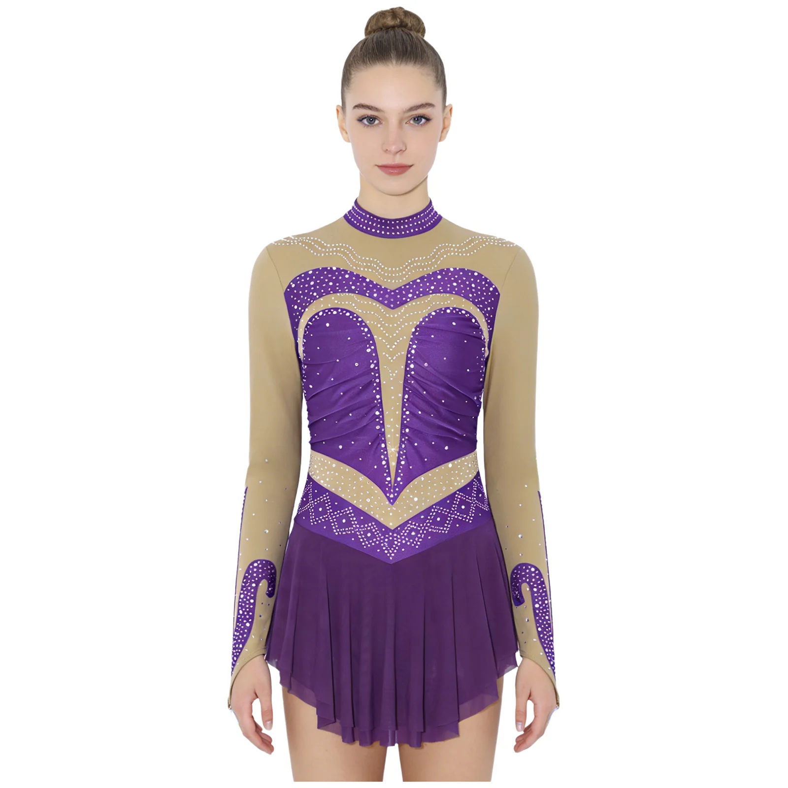 

Женское платье-трико с длинным рукавом, блестящими стразами и сетчатыми вставками для фигурного катания, танцев, художественной гимнастики, акробатики, балета
