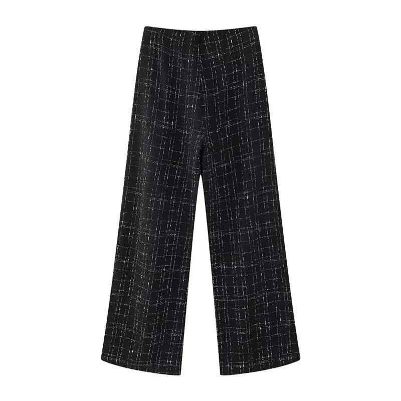 KEYANKETIAN New Launch Women\'s Tweed Texture Plaid Jacquard Wide leg Pants Retro High-waisted Zipper Long Trousers Female