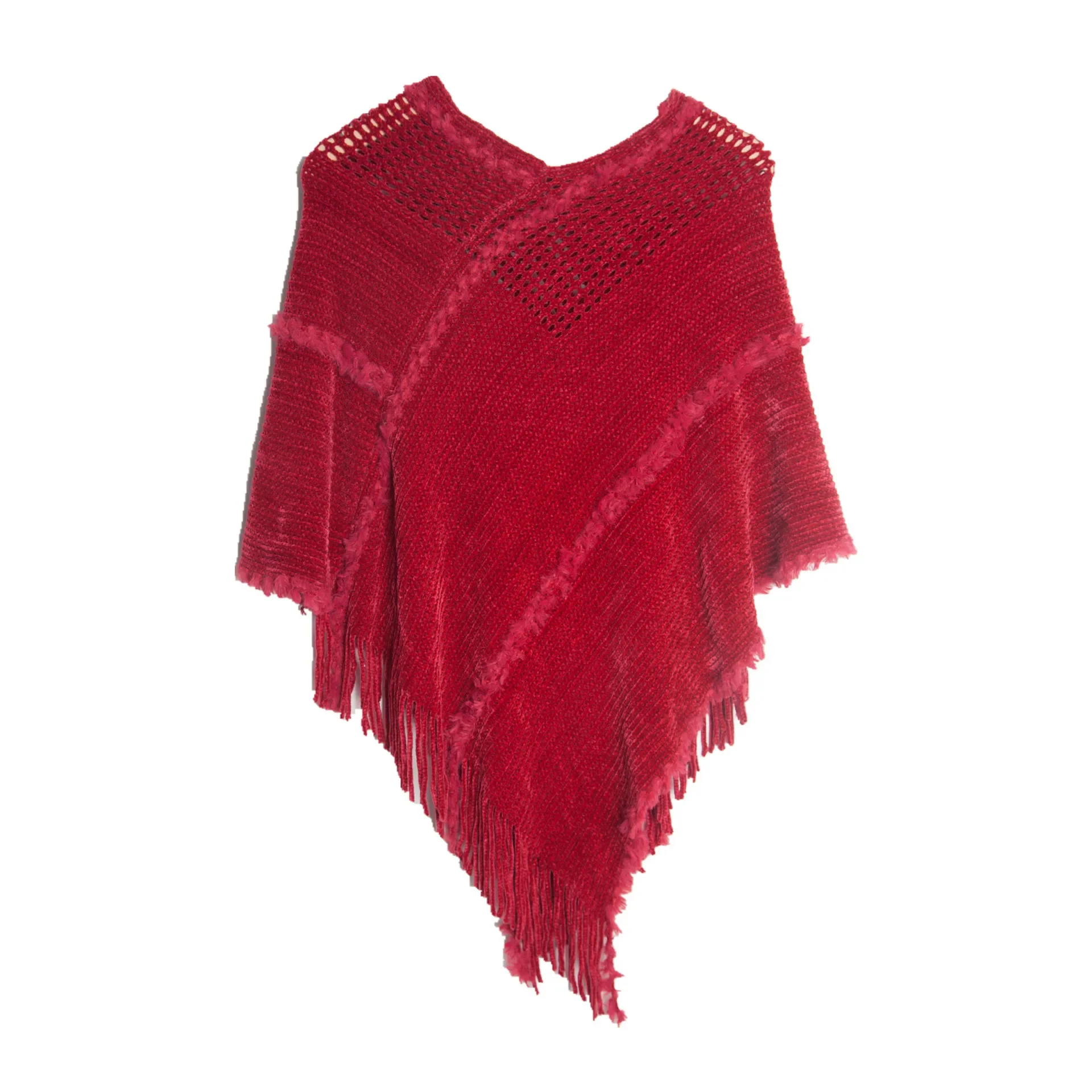 Spring Autumn Pullover Shawl Knitwear Hollow Knitting Tassel Shawl Women Poncho Lady Capes Red Cloaks