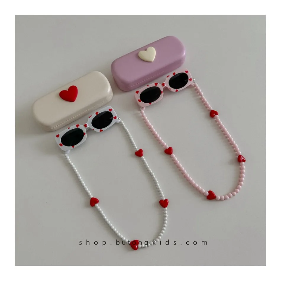 Gafas de Sol para Niñas con Estuche, Kit de Amor, Estilo Coreano, Gafas de Sol Infantiles con Cadena de Perlas, Collar de Perlas Portátil, BT14