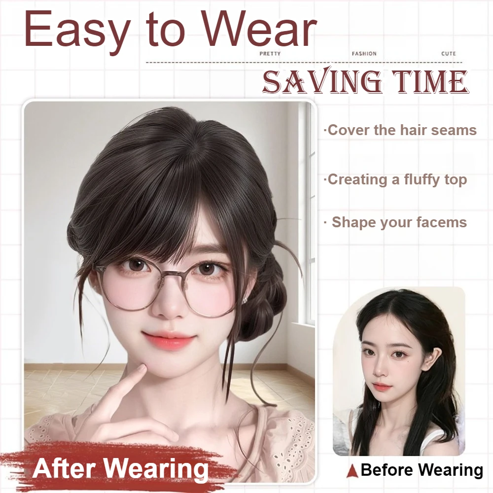 2026 Blended Synthetic Fibers with Real Hair Bangs 10inch Short Clip in Bangs Hair Pieces Fashion Fluffy Hair Topper for Women