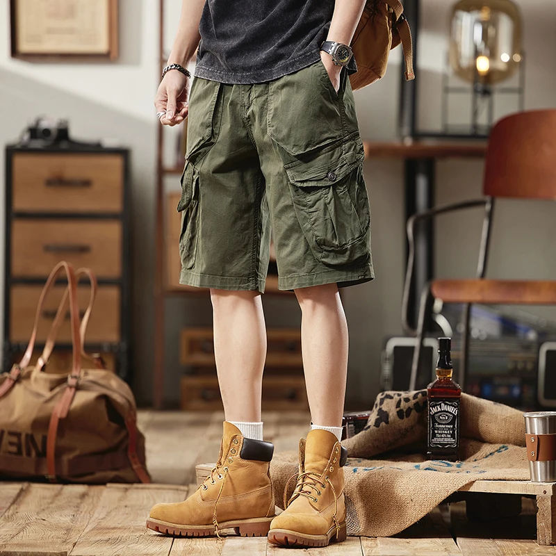 2024 summer new retro men's fashion cargo shorts loose plus size casual quarter pants