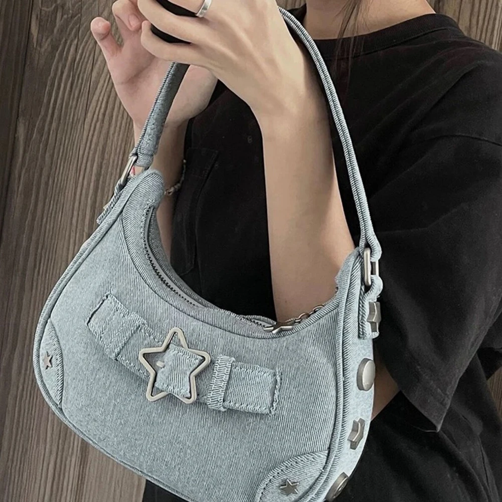 Women Casual Hobos Bag Vintage Y2K Top-Handle Bag Denim Star Decor Solid Color Gift for Girls Female Armpit Bags Purse Tote Bag