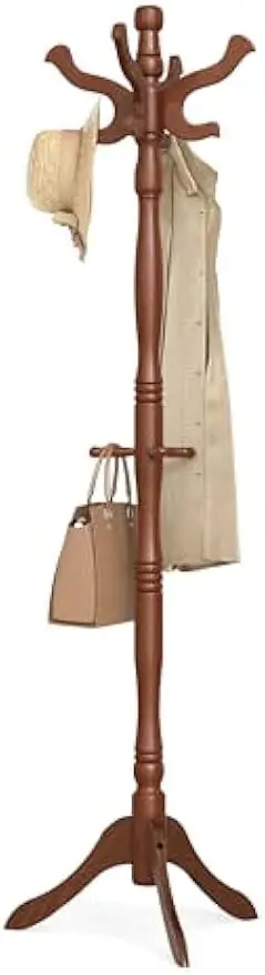 

Вешалка из цельного дерева с 11 крючками, отдельно стоящее дерево для прихожей и прихожей карамельно-коричневого цвета