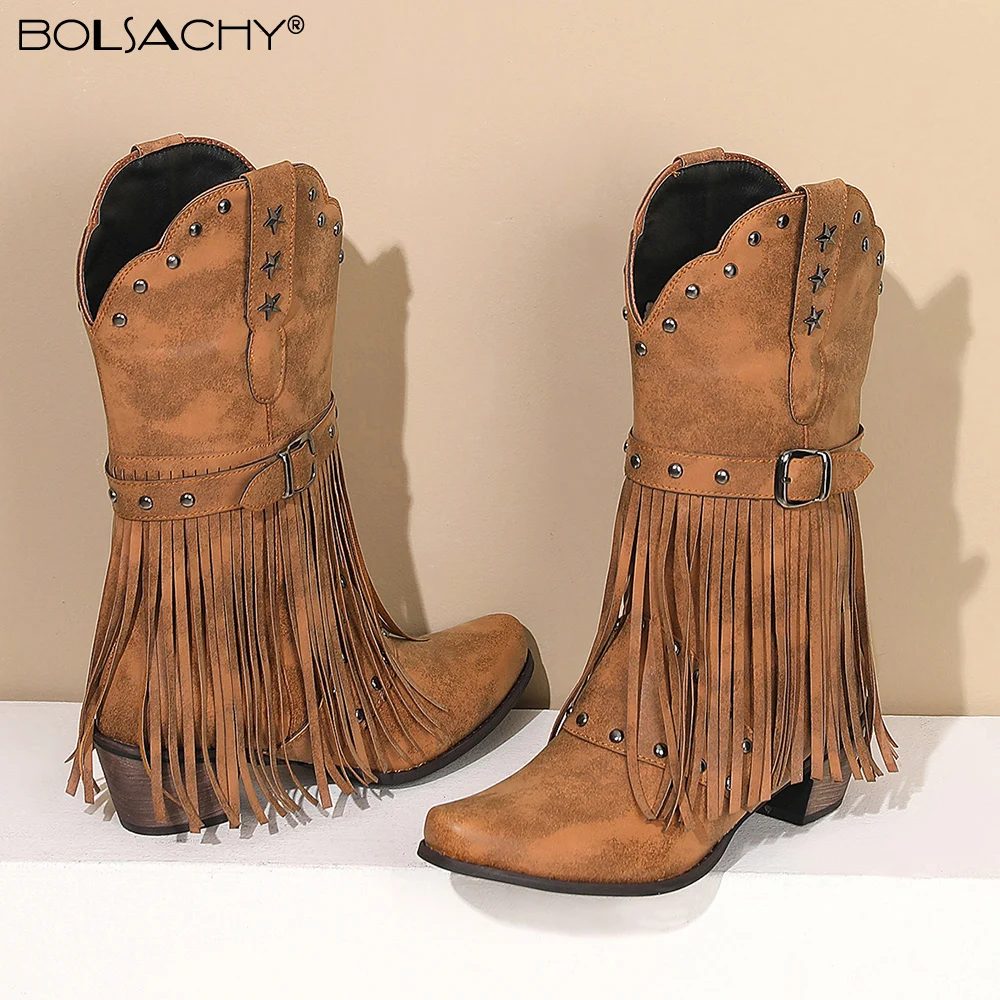 Women Vintage Ethnic Western Cowboy Boots Rivets 5cm Block Heel Boot Tassel Fringe Booties Lady Winter Gladiator Shoes Free Ship