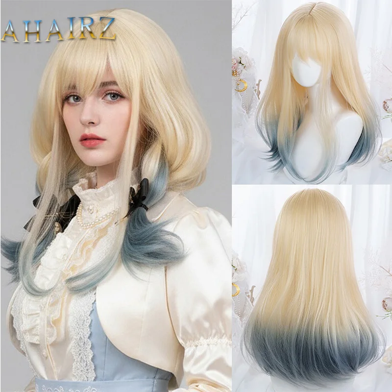 

Women's Long Straight Synthetic Blonde Gradient Blue Wig with Bangs Cosplay Fake Hair for Lolita Halloween Party Wigs