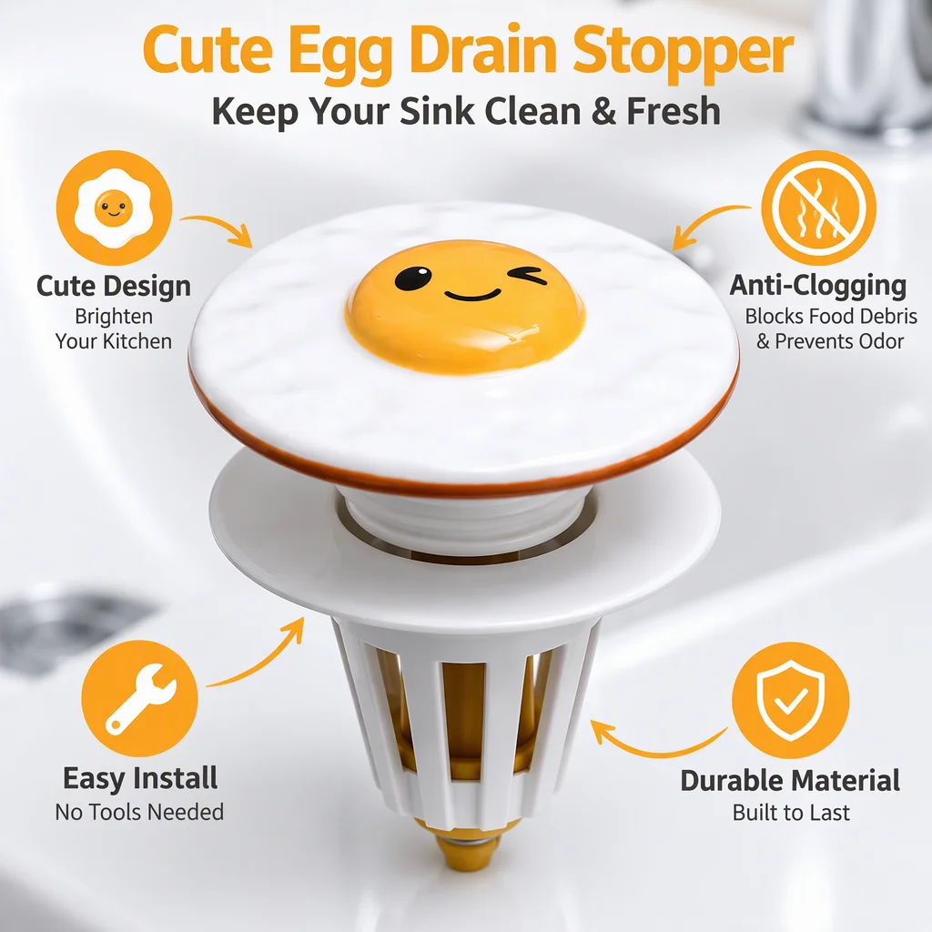 Cute Egg Shape Plastic Pop-Up Press-Type Anti-Odor Sink Drain Stopper, Core and Plug for Bathroom Wash Basin and Vanity