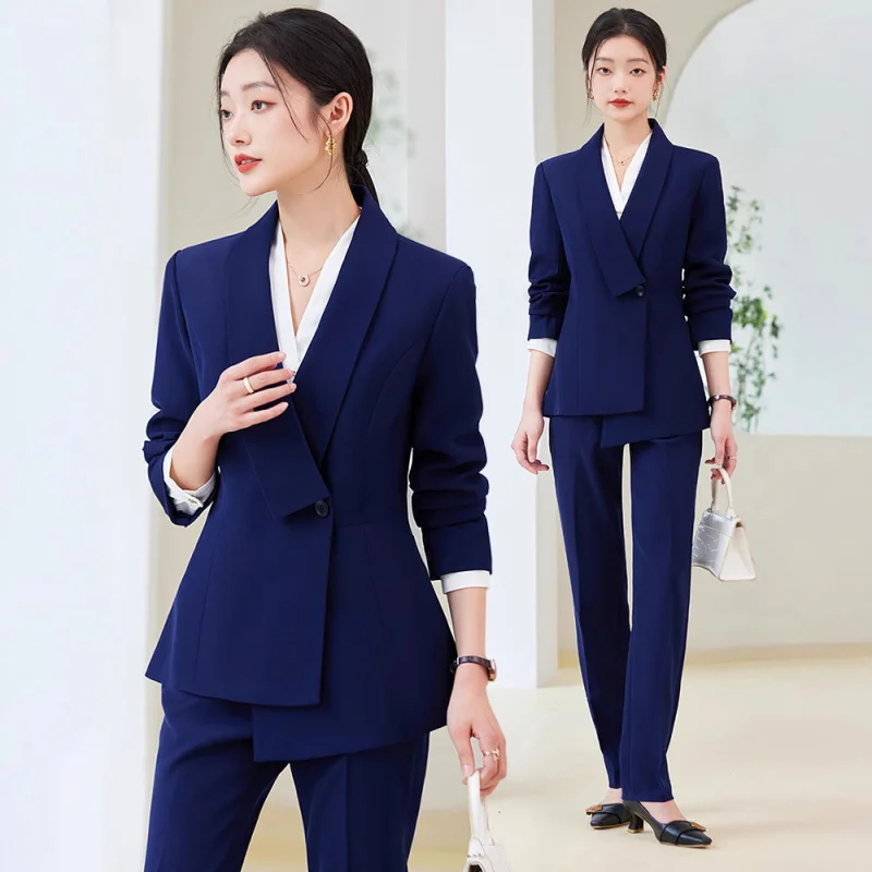 

Blue professional suit for women, suitable for spring and autumn, for commuting, salesperson attire, elegant hotel receptionist