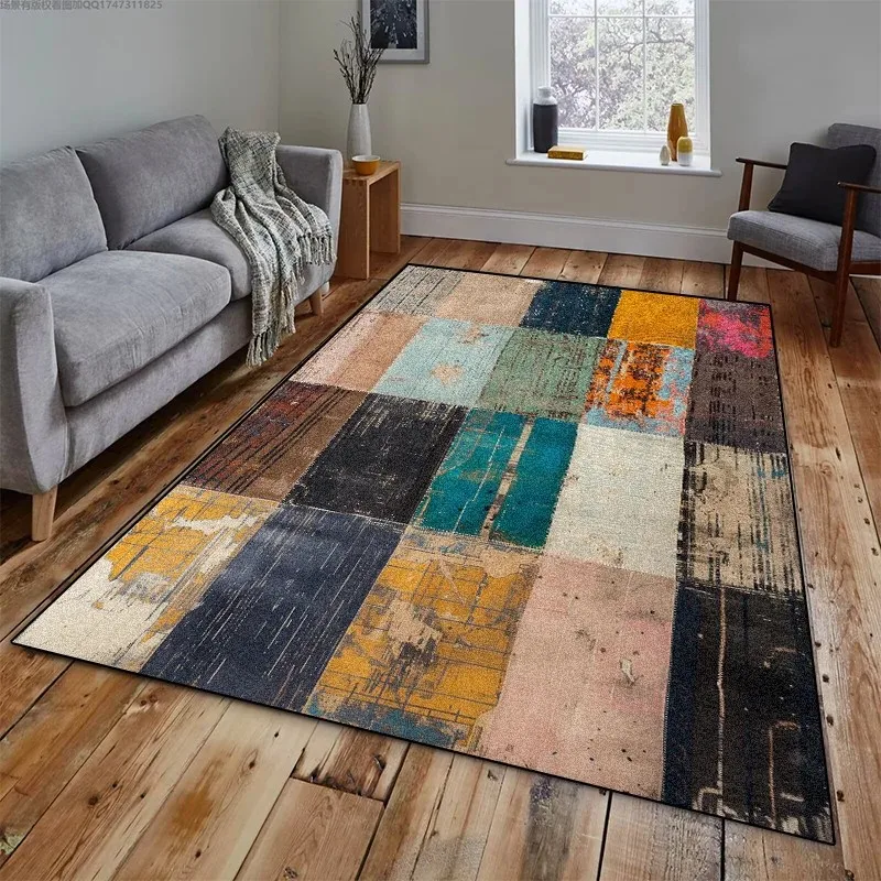 VIKAMA Vintage Color Splicing Square Rug Industrial Style Non Slip Stain Resistant for Living Room Bedroom