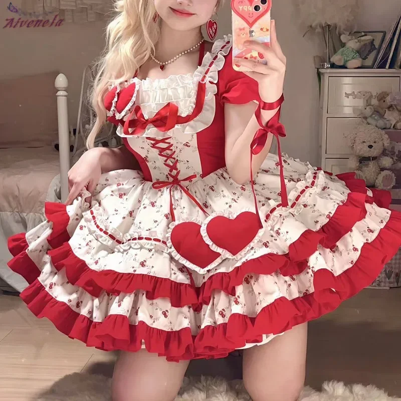 

2025 summer new Sweet Lolita Soft Girls Bow Ruffle Fungus Women Dress OP Dress Short Sleeve Heart Printed Flora Dresses Female