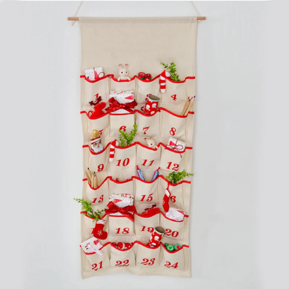 Christmas Advent Calendar Count Down 24 Pockets With Ribbon Trim String And Wooden Rod Screen Printed Number Party Decor