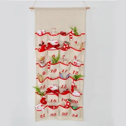Christmas Advent Calendar Count Down 24 Pockets With Ribbon Trim String And Wooden Rod Screen Printed Number Party Decor