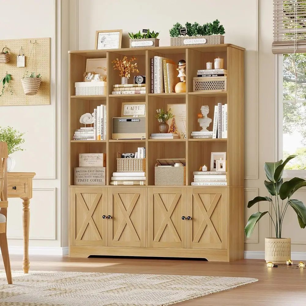 

Двухсекционный 4-дверный книжный шкаф с местом для хранения, ширина 47,6 дюйма, для детей и домашнего офиса, натуральное покрытие