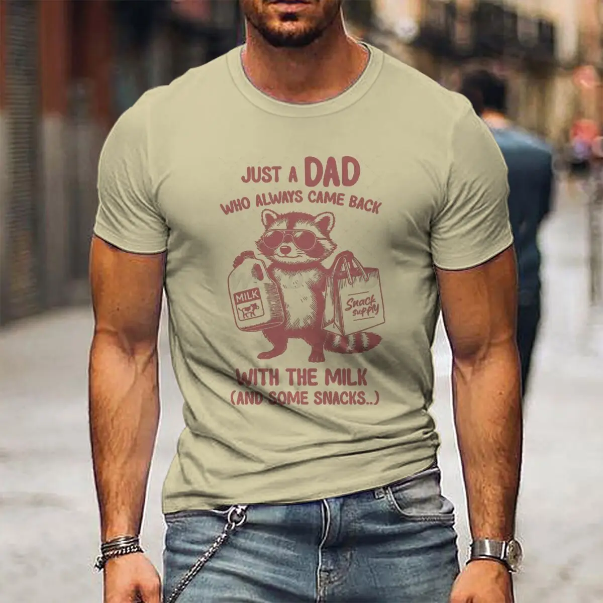 Just A Dad Who Vintage Raccoon Tshirt Father's Day Fun Daddy T-Shirt Men Round Neck Short Sleeve Tees Male Tshirt Gift