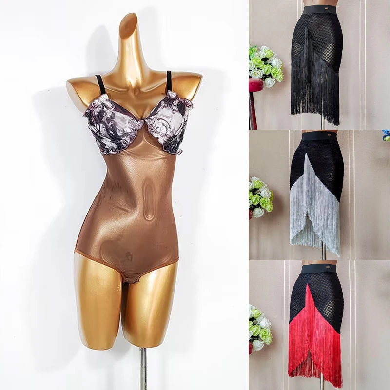 

Fringe Latin Dance Skirt Adult Sleeveless Brown Leotard Cha Cha Rumba Dancing Practice Clothes Women Latin Performance Wear 3477