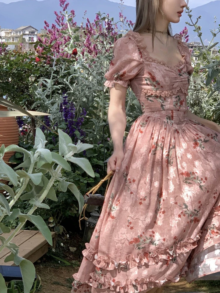 Summer Print Floral France Vintage Dress Women Puff Sleeve Evening Party Midi Dress Female Lace Elegant Sweet Fairy Dress 2023