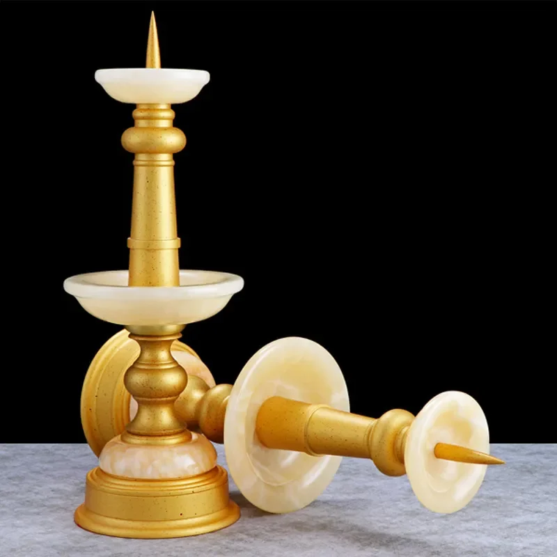 Vintage Brass Candle Holder with Jade Inlay Antique Style Buddhist Altar Decor Traditional Home Ornament for Living Room