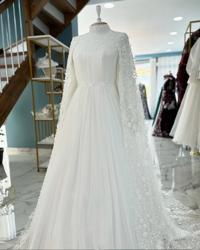 White Muslim Caftan Wedding Dresses with Sleeve Cape Floral Lace Chiffon Customsized Kaftan Turkey Bridal Gown Outfit