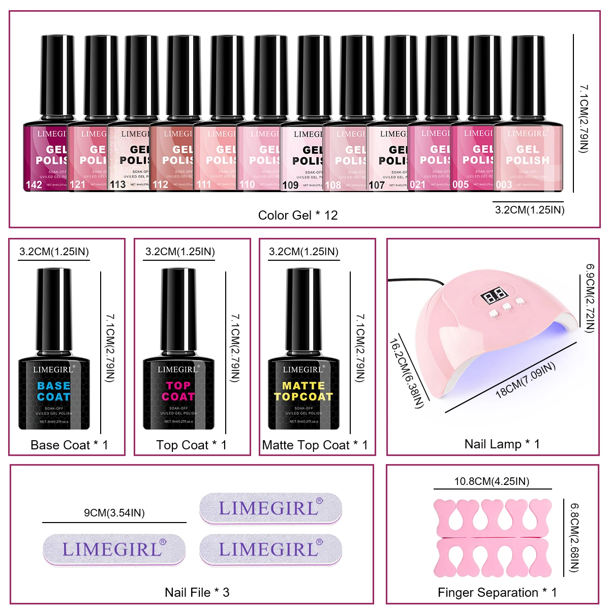 Limegirl Gel Nagellak Kit UV Licht, 36W UV LED Nageldroger Lamp, 8ML 12 Kleuren Base Top Coat MATT Coat Professionele Gereedschap Set