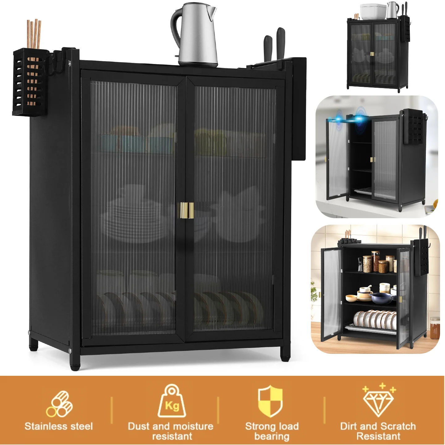 

3-Tier Pantry Cabinet Kitchen Storage Cabinet Dustproof Dish Cabinet with Double Door Kitchen Organizer with Chopstick Baskets