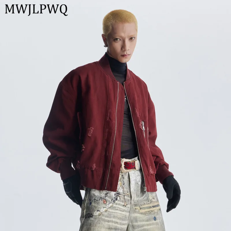 

MWJLPWQ Distressed Short Baseball Jacket Men's High Street Hole Design Zipper Unisex Loose Trendy Long Sleeve Casual Tops 11630