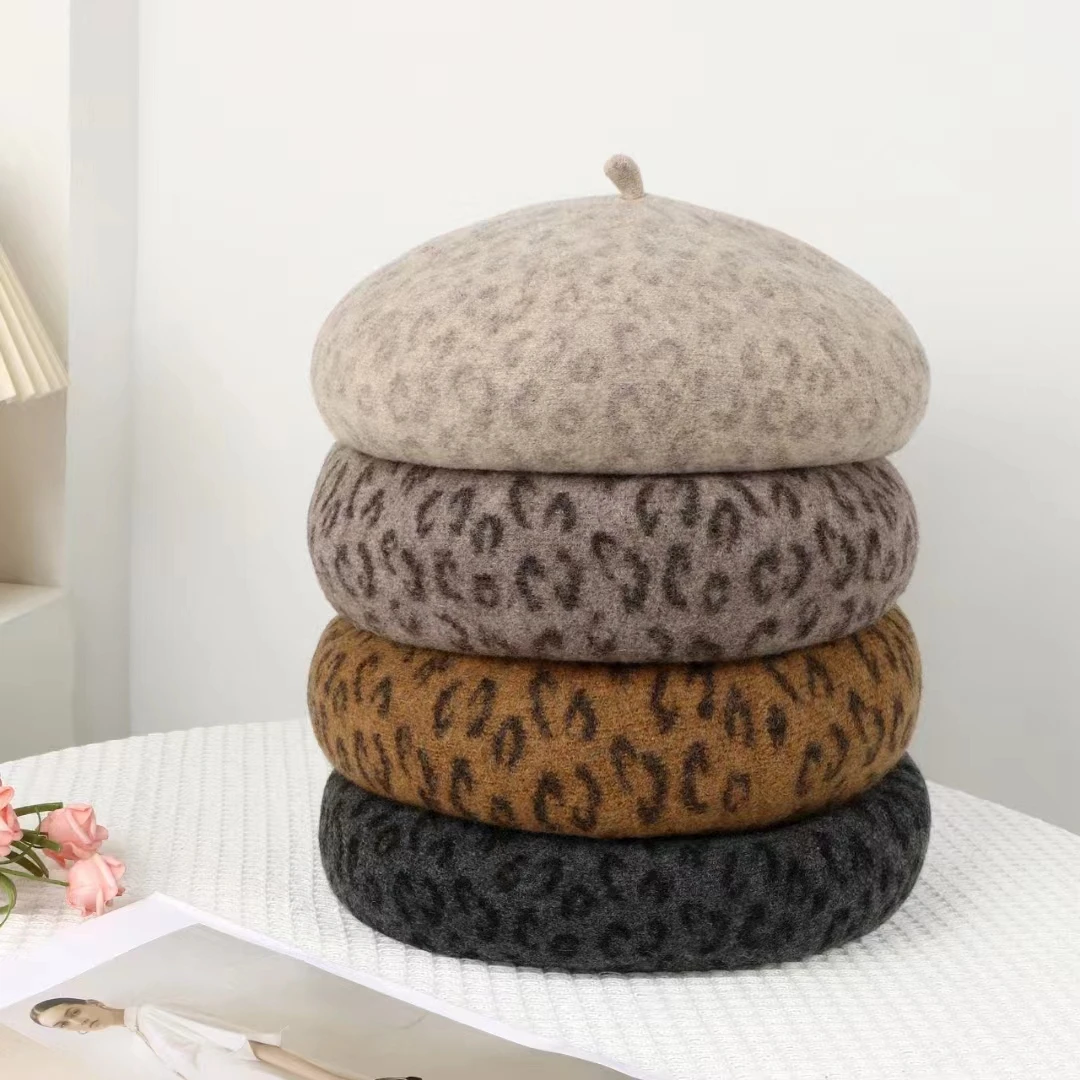 2023 New 4 Color Woman Winter Autumn Hat Fashion Leopard Wool Beret Female Soft 100% Wool Cap Women Boina Party Gift Wholesales