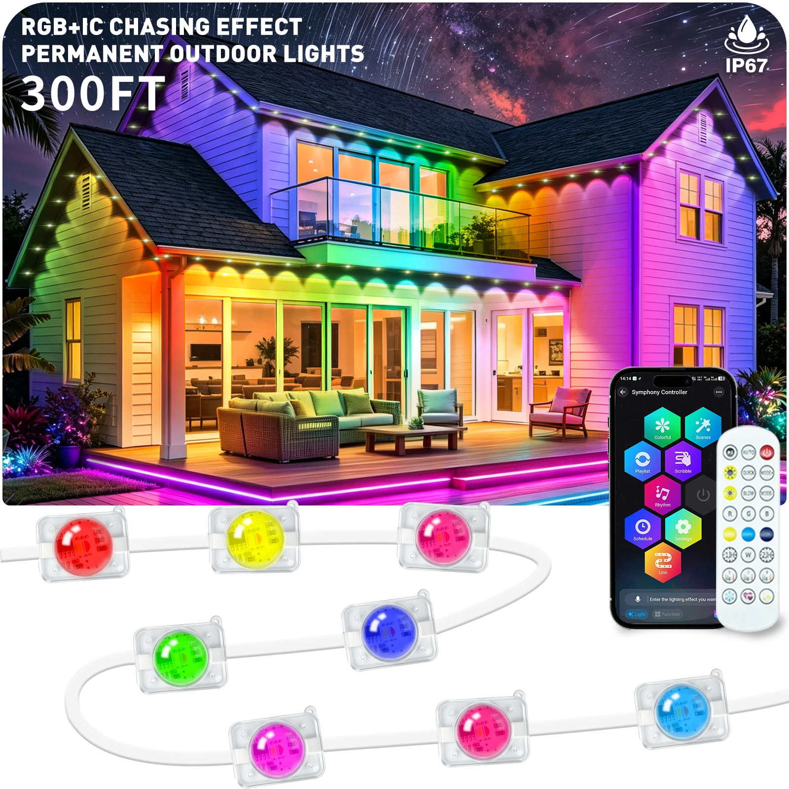300ft Permanent Outdoor Lights String Rgbic App ControlRemote, IP67 Waterproof Lighting,Outdoor Lights for Chasing Lights,Garden Decor,House,Party,Holiday,Smart