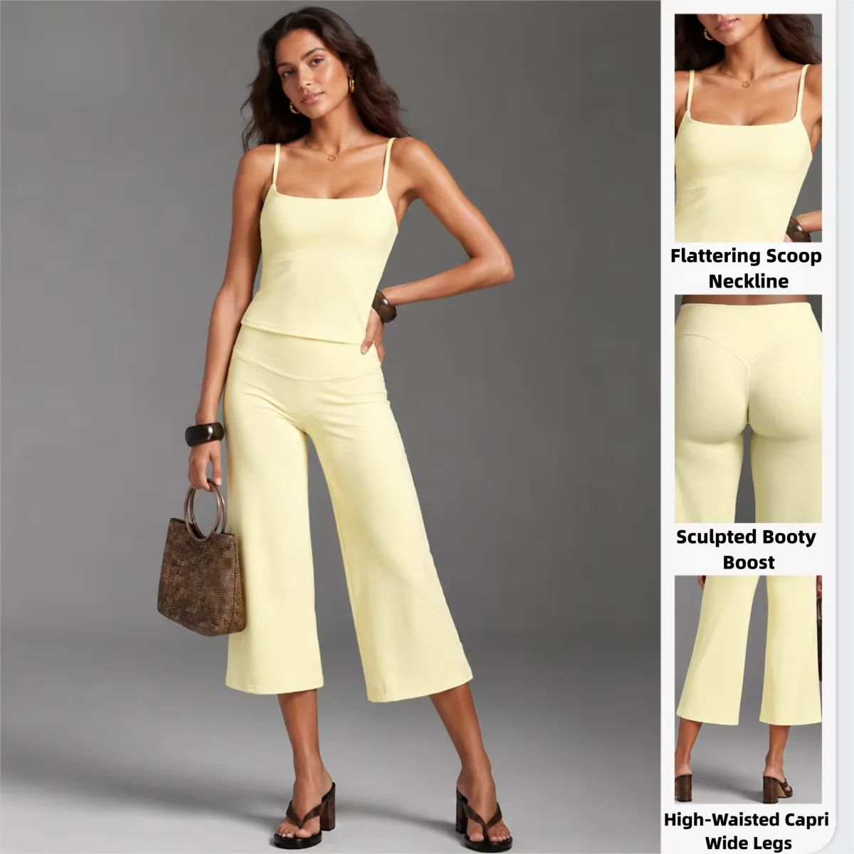 Women Yoga Set 2 Piece Sleeveless Camisole High Waisted Capri Wide Leg Pants Buttery Soft Gym Workout Athletic Lounge Wear