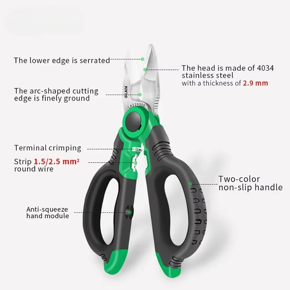 Multi-Purpose 6-Inch Stainless Steel Electrician's Scissors with Non-Slip Grips with Wire Stripping and Crimp Function