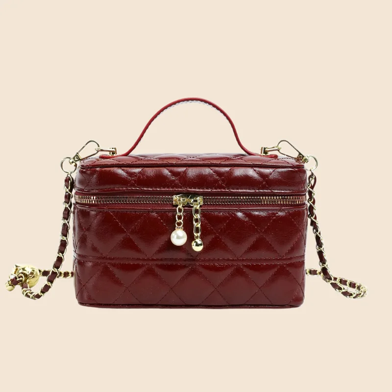 Bolso de mano tipo caja para mujer con diseño de diamantes color burdeos, con cremallera decorada con perlas y asa superior, bolso cruzado con correa de hombro de cadena ajustable, bolso de cuero vintage para ir al trabajo, adecuado para salidas diarias, citas, bodas y fiestas.