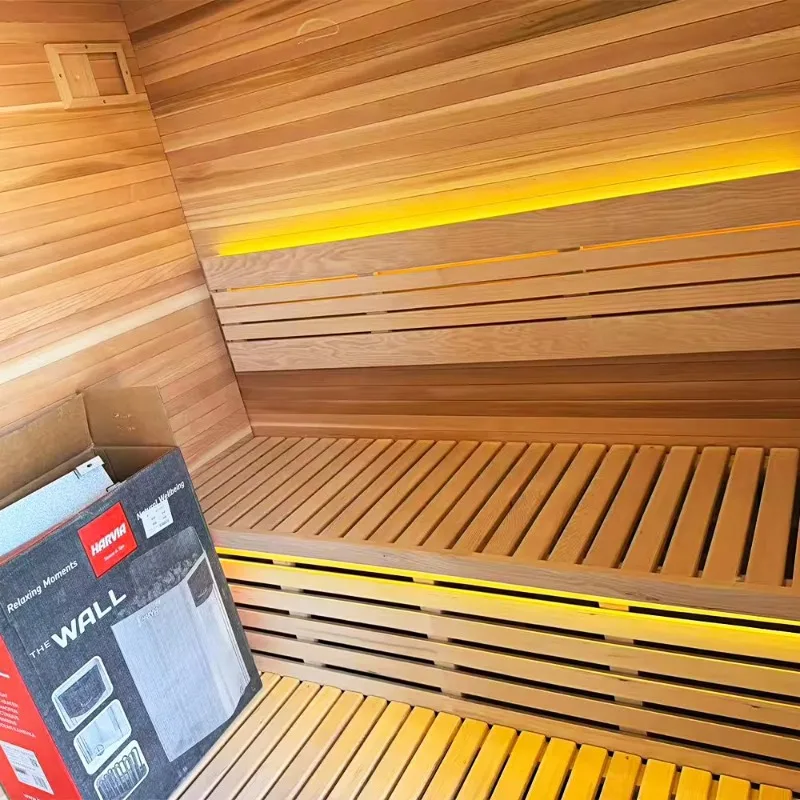 Outdoor Traditional Electric Sauna Room With Black Frame Full Glass Double Door Multi Level Benches Wall Control Panel Hotel Spa
