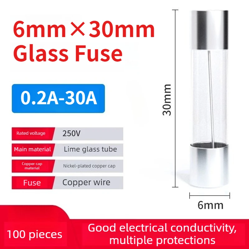 100PCS/box   5*20mm and 6*30mm  Glass Fuse Tube 250V Multiple Amp Ratings - 0.2A to 30A - Electrical Circuit Protection
