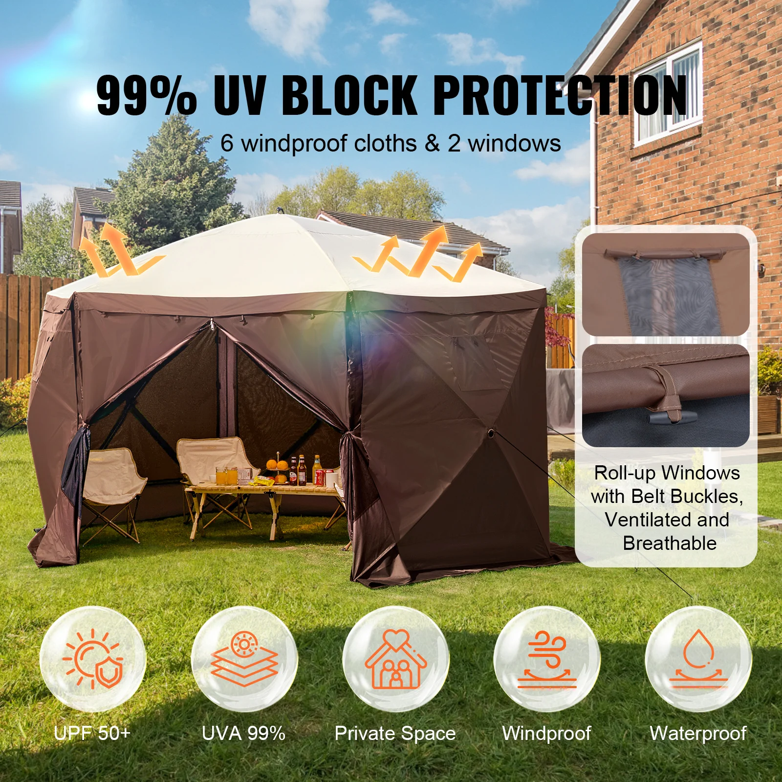 Pop Up Gazebo Tent, Pop-Up Screen Tent 6 Sided Canopy Sun Shelter with 6 Removable Privacy Wind Cloths & Mesh Windows, 12.5x12.5FT Quick Set Screen Tent with Mosquito Netting, Brown