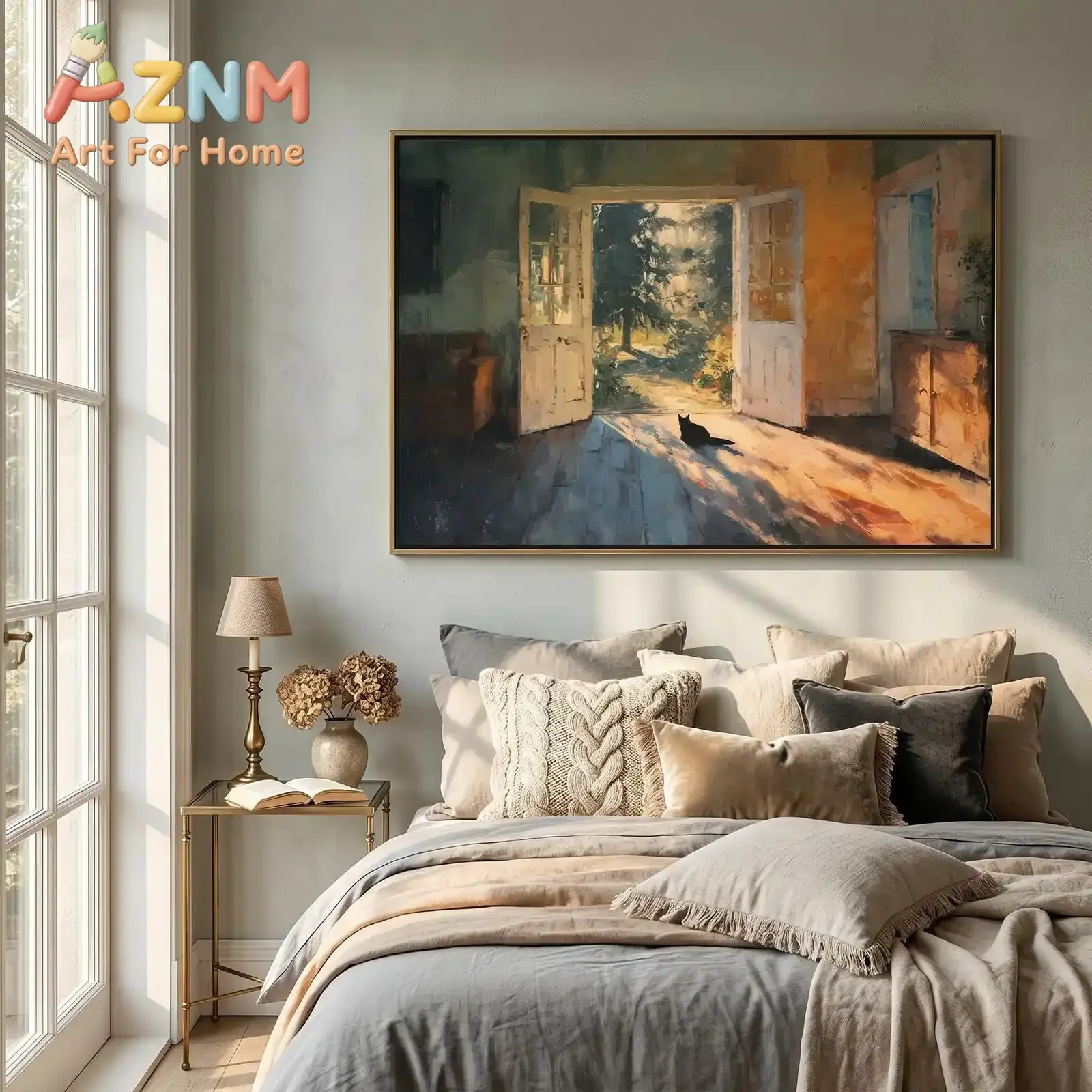 Modern Golden Morning Light Canvas Poster Unframed Minimalist Open Door, Black Cat Canvas Wall Art for Living Room Bedroom Decor