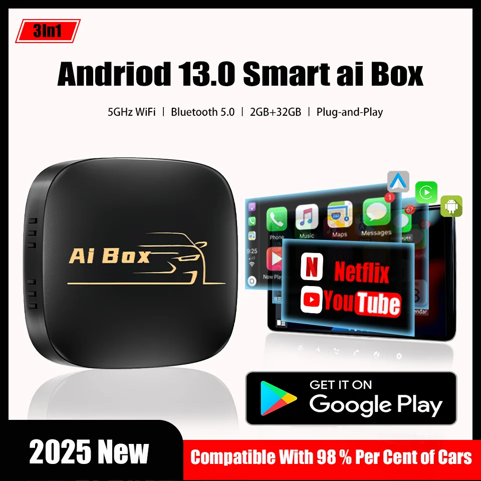 2025 nouveau Carply Ai Box Android13 et Android Auto 3In1 Multimedia Smart Box intégré Netflix YouTube 5GHz Wifi BT5.0 Plug & Play