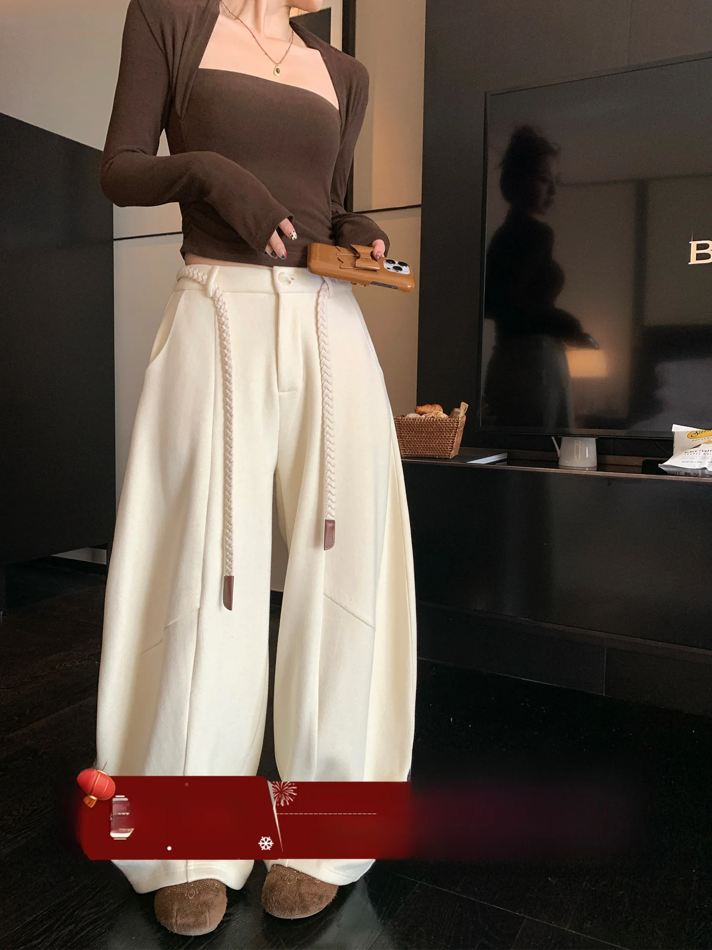 

MLS Chill Scythe Autumn Winter Wide Leg Pants Women's Floor Length Draped Airy Feel Casual High Waist Cotton Blend Trousers