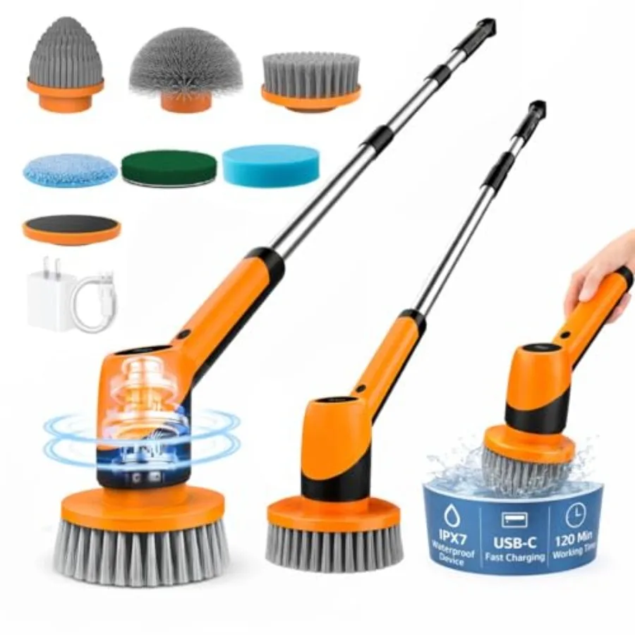 

Electric Spin Scrubber for Bathroom - Cordless Brush Scrubber with 7 in 1 Design and Retractable Handle - IPX7 Waterproof 2-Spe