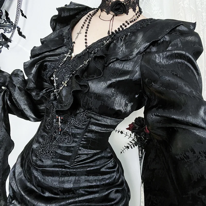 2025 Halloween cuello en V con volantes de manga larga Top otoño nuevo Retro versátil vestido camisero mujeres elegantes vestidos largos hermosos