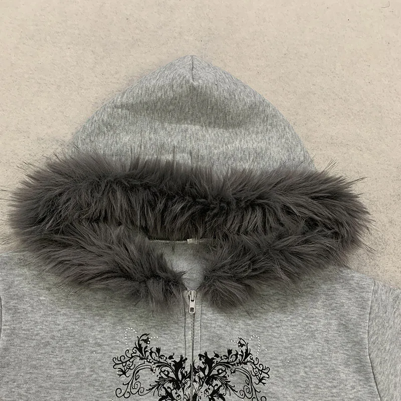 Women's Autumn New Cross Print Zipper Hooded Sweatshirt With Synthetic Fur Collar Retro Street Casual Loose Jacket