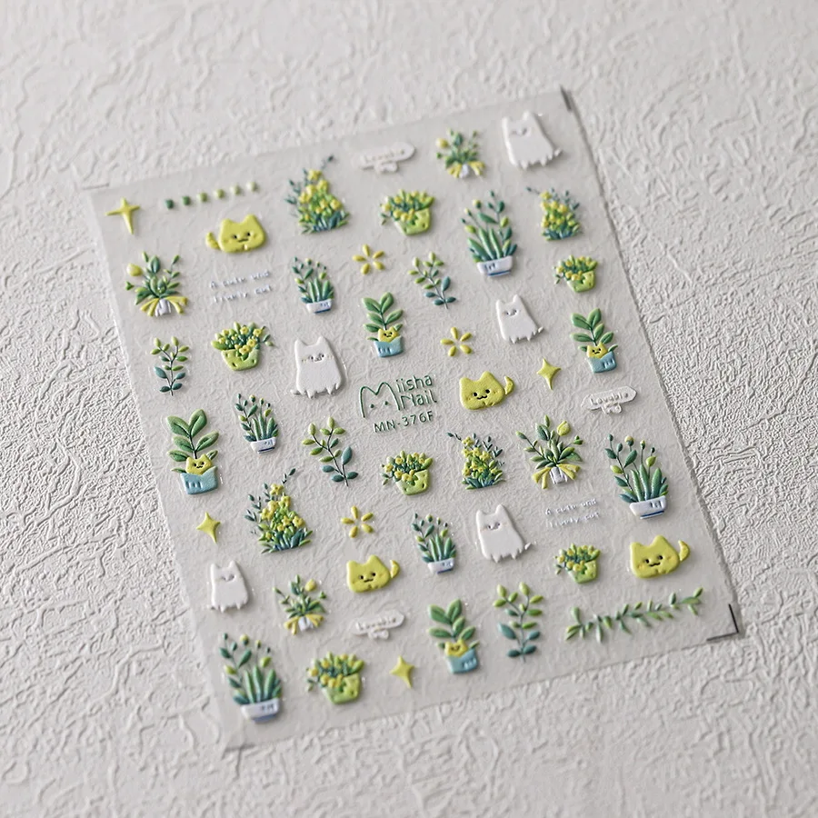 1pcs Lovely Cat Green Potted Plant Flowers Nail Stickers 5D Embossed Self Adhesive Nail Art Stickers 3D Cute Cat Manicure Decals