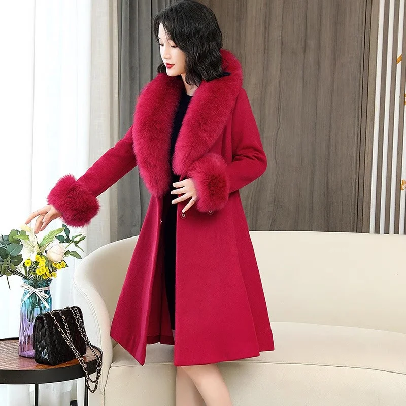 Long Woolen Coat Women\'s Long Outwear 2024 Winter New Thickened Knee Style Large Woolen Collar Loose Waistband Coat With Belt Tr