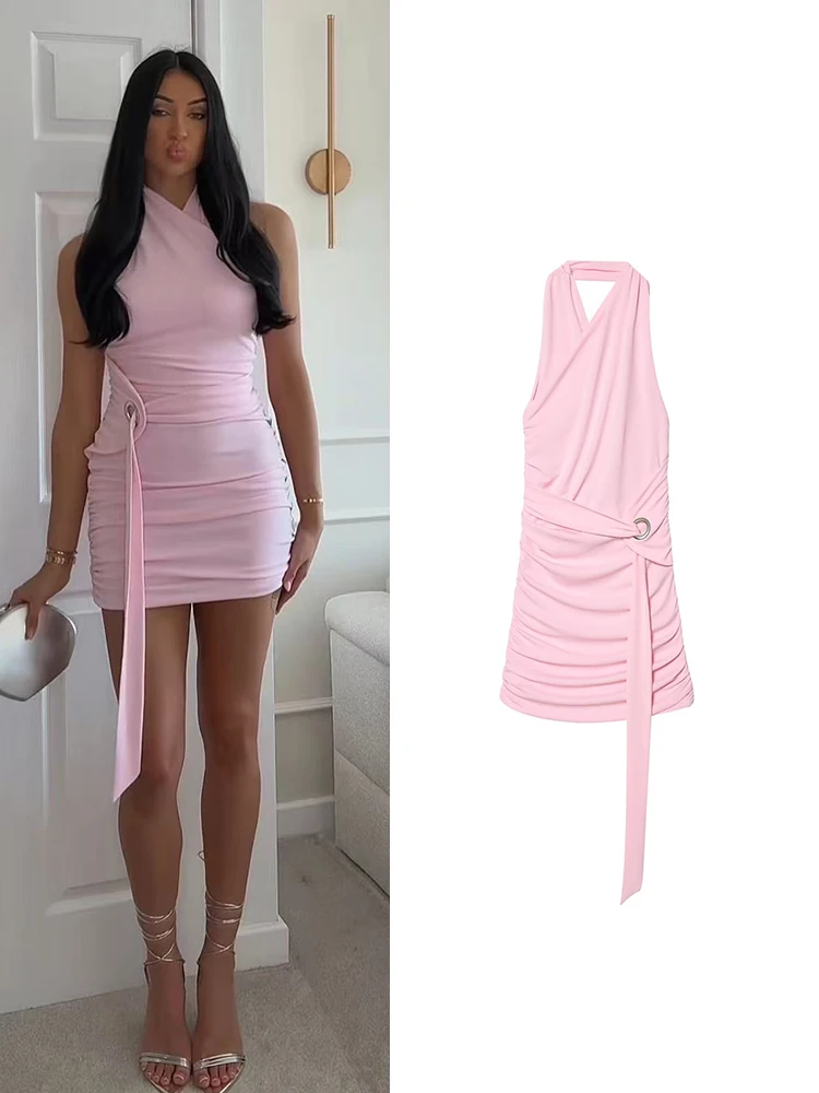 TFMLN Sexy schulterfreies Kleid für Damen, modisches Neckholder-Rüschenkleid, Sommerkleid mit schlanker Passform, süßes, pinkes, rückenfreies Party-Minikleid, neu