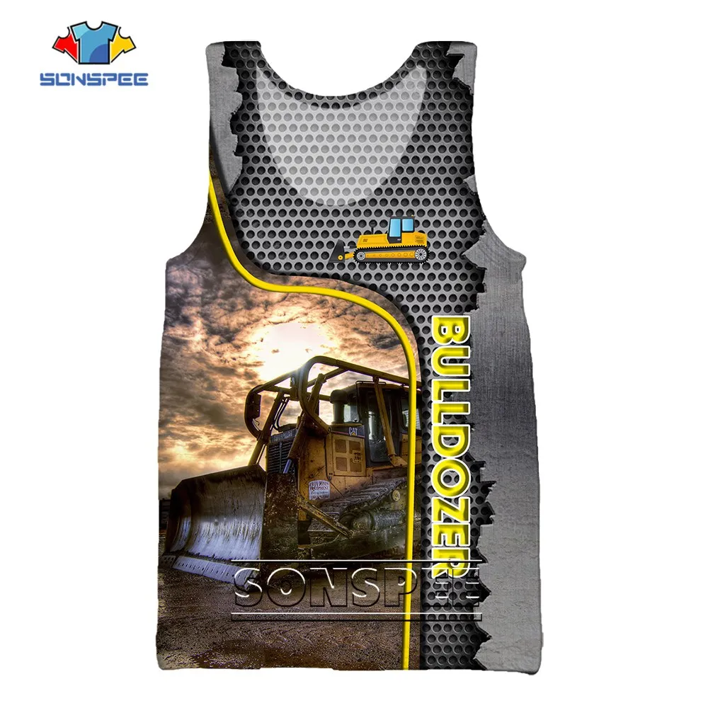 

SONSPEE Bulldozer Summer 3D Printing Sleeveless Tractor Vest Men Women Oversize Punk Hip-hop Trend Street Personality Tops