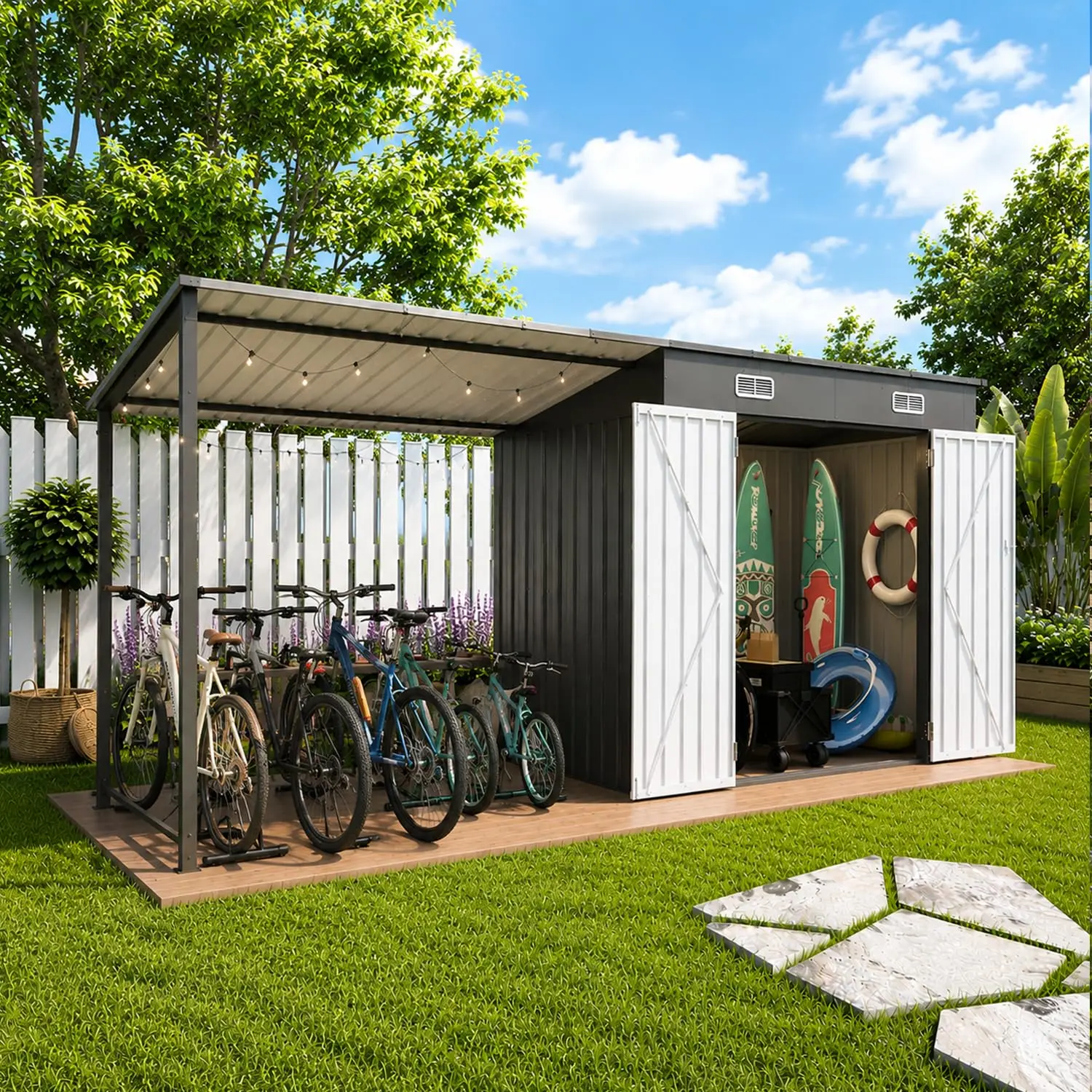 12x4 FT Metal Lean-to Shed with Pergola, 6x4 FT Outdoor Storage Shed & Hardtop Gazebo Combo, 2-in-1 Garden Tool, Customized