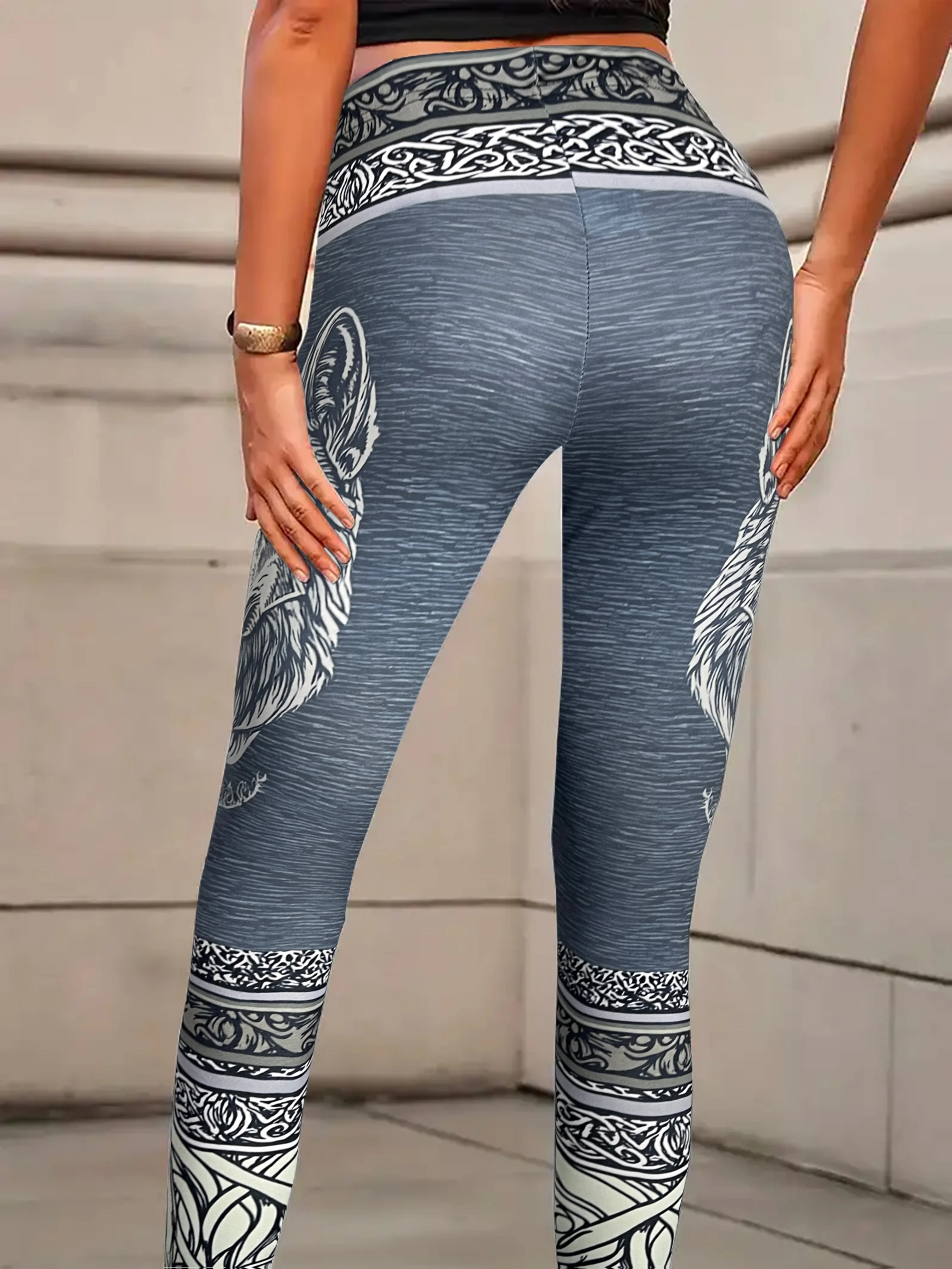Women Ethnic Totem Spliced Print Fleece Lined Leggings Mid Waist Stretch Fitness Yoga Sports Pants