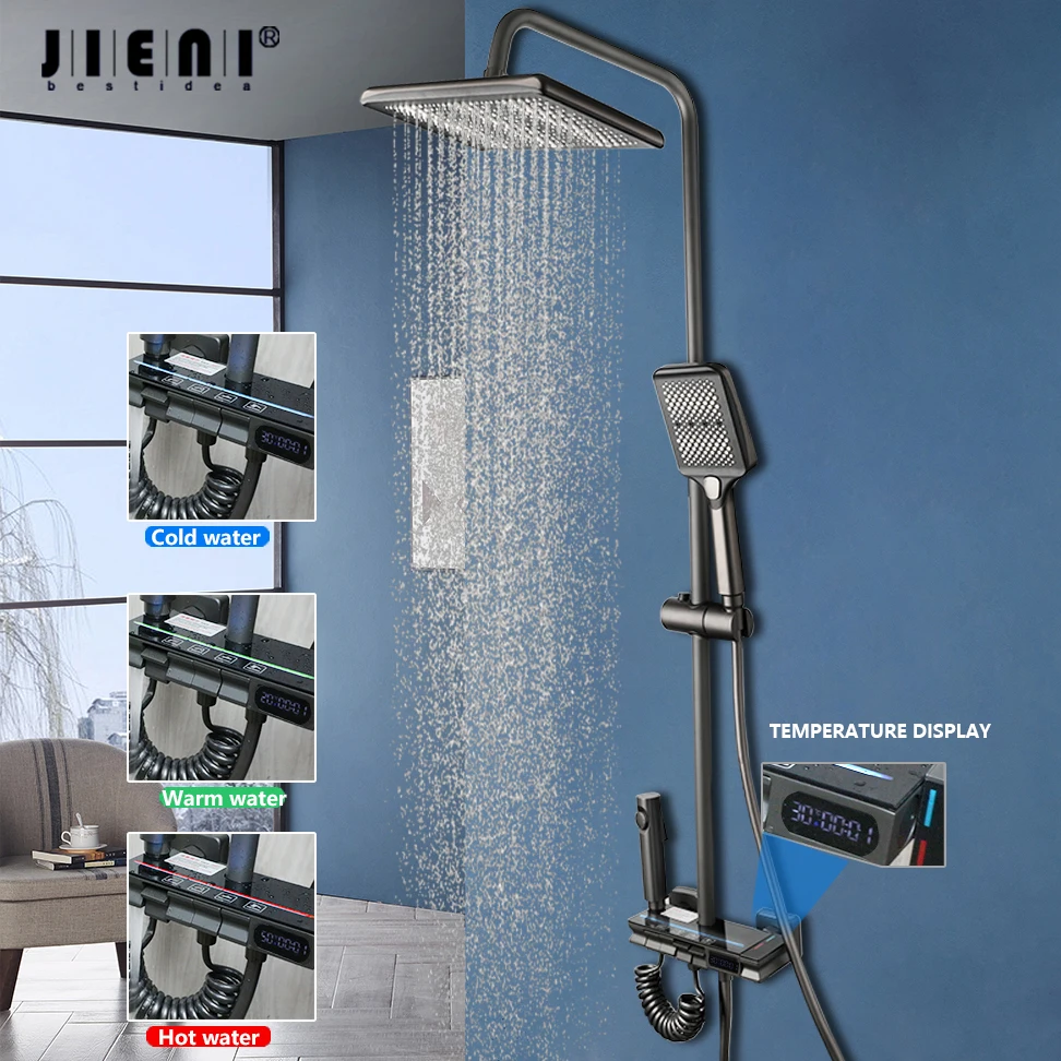 

JIENI LED Bathroom Rain Shower Set With Digital Display Multifunctional Color Changes With Temperature W/ Bidet Mixer Faucet Tap