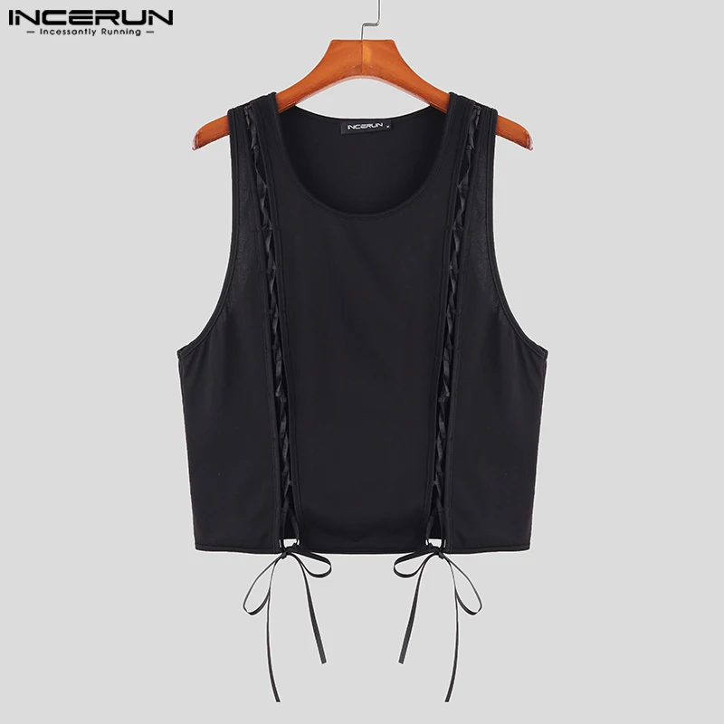 2023 Men Tank Tops Solid Color O-neck Sleeveless Fashion Casual Vests Lace Up Hollow Out Streetwear Men Clothing S-5XL INCERUN